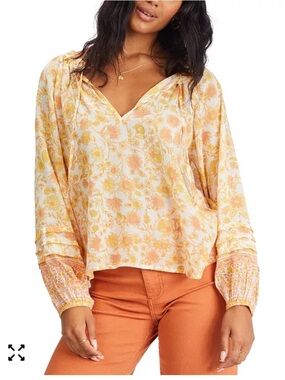 Billabong Peach Floral V-Neck Long Sleeve Blouse Size Large
